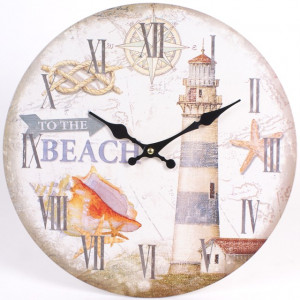 To The Beach' Lighthouse Design Wall Clock with a wood effect