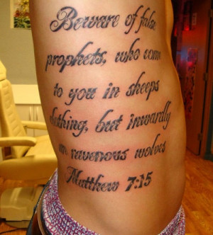 Man with rib tattoo, tattoo is a verse from Matthew