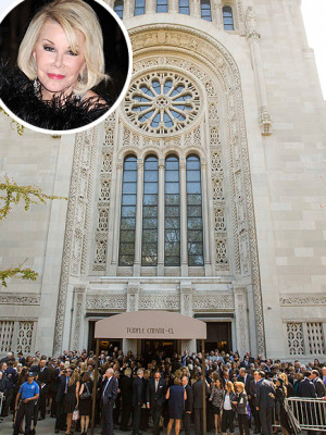 Crowd outside Manhattan's Temple Emanu-El after the funeral of Joan ...