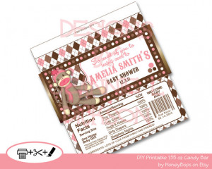 Sock Monkey Pink Birthday, Baby Shower, personalized Candy Bar Wrapper ...