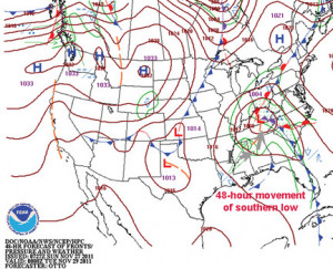 Surface weather forecasts for 7:00 pm EST on November 28, 2011. The ...