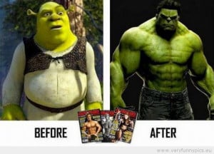 Funny Picture - Shrek before and after bodybuilding magazines