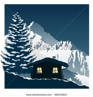 ... illustration showing a cozy ski cottage in the snowy mountains