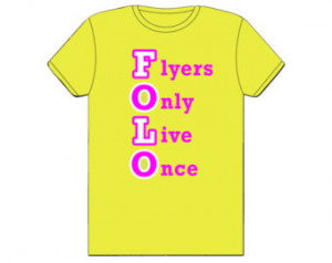 Cheerleading Flyers Only Live Once, hot pink on neon yellow shirt. ...