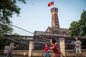 In Lenin Park, set against the backdrop of the Hanoi Flag Tower which ...