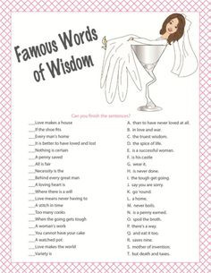 Printable Bridal Shower Game Famous Words of Wisdom Game