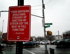 ... Rap Quotes' street art marks specific city locales mentioned on rap