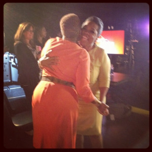 Oprah and Iyanla hugging backstage after a great show