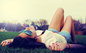 beautiful, girl, girl laying on grass, glasses, grass, light, sky ...