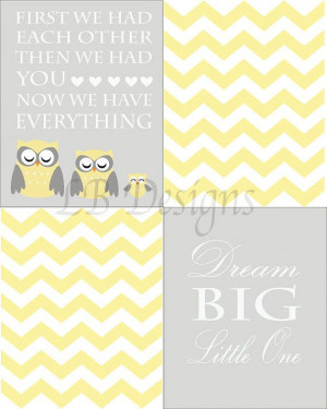 Set of 4 Gender Neutral Yellow and Gray Owl Nursery by LJBrodock, $35 ...