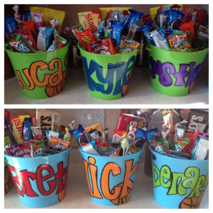 Boys basketball senior night gifts. Candy buckets :)