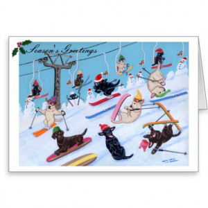 Winter Fun Skiing Labradors Painting Greeting Card