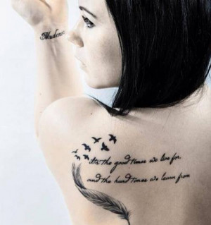 Feather and Flying Birds And Script Grey ink Tattoo on Back