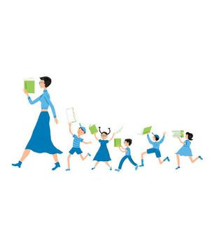 Illustration of a teacher and students reading while walking in line