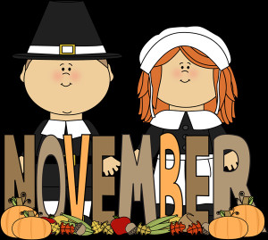 Month of November Pilgrims Clip Art Image - the word November in brown ...