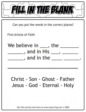 First Article of Faith Fill in the Blank Activity Puzzle