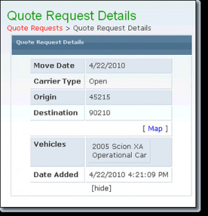 Above is an example of the details that auto transport companies view ...