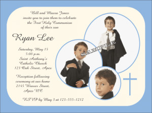 First Communion Invitation with 3 pictures and blue circles