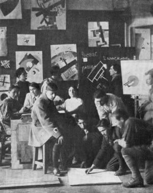 Kazimir Malevich teaching students of Unovis, Vitebsk, 1925.