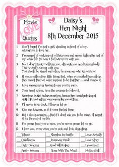... Hen Night Bridal Shower Trivia Game Guest Libs Movie Love Quotes