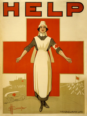 ... Red Cross nurse with her arms outstretched, above which the word 