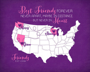 Long Distance Best Friends Quote - 8x10 Custom Map Art Print Moving ...