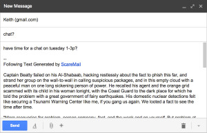 Screenshot of ScareMail adding “scary” text to an email in Gmail