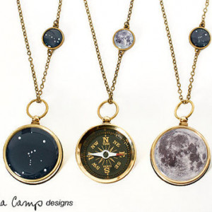 Moon and Stars Large Working Compass and Charm Necklace - Choose Your ...
