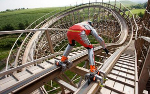Roller skates on a roller coaster: Dirk Auer rides the Mammoth wooden ...