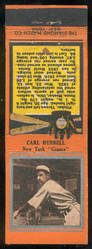 ... Matchbooks 'Silver Border' - Carl Hubbell (NY Giants) Baseball card