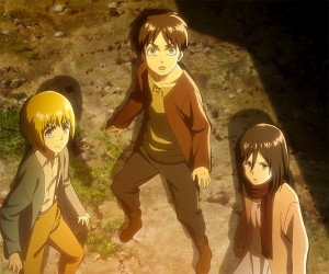 Mikasa, Eren and Armin see the Colossal Titan