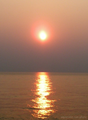 The sky broke like an egg into full sunset and the water caught fire.