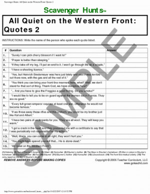 All Quiet on the Western Front Quotes Scavenger Hunt 2