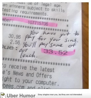 Homosexual co-worker receives this on her ticket from a customer.