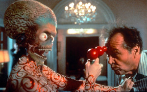 Jack Nicholson faces up to a Martian in the 1996 film Mars Attacks!