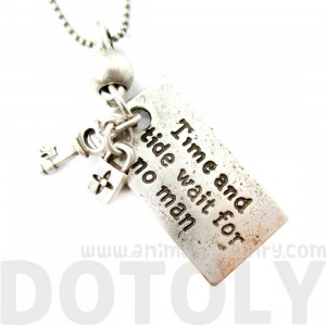 ... Wait For No Man Quote Stamped Pendant Necklace in Silver - Thumbnail 1