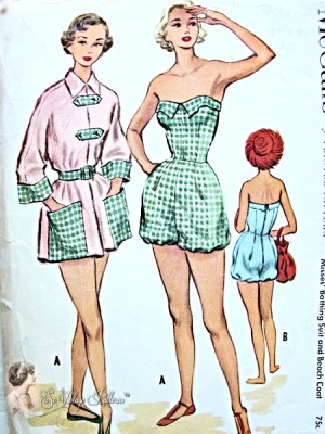 1950s Beach Wear Strapless Bathing Suit and Beach Coat Cover Up ...