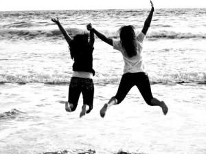 beach, black & white, friends for ever, friendship, fun, jumping, long ...