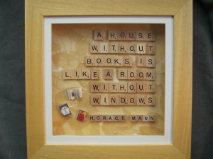 Scrabble tile art in wooden box frame - Horace Mann book quote 12 x 12