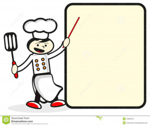 Funny chef in front of presentation board.
