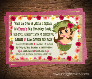 Hawaiian Hula Girl Luau Birthday Invitation