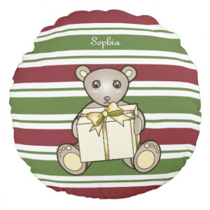 Christmas Cute Teddy Bear Stripes Kids Name Pretty Round Pillow