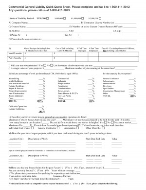 Commercial General Liability Quick Quote Sheet. Please complete by ...