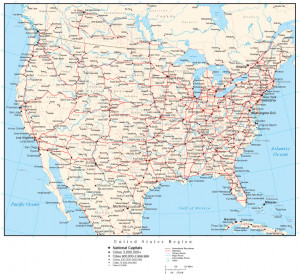 United States Map with Country Boundaries, Capitals, US States ...