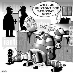rugby union cartoon humor: 'Will he be right for Saturday, Doc?'