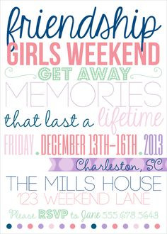 weekend, get away, girls weekend invites, bachelorette party, weekend ...