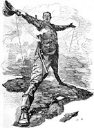 1892 cartoon of Cecil Rhodes standing astride Africa