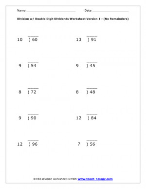 Digit Division with Remainders Worksheets