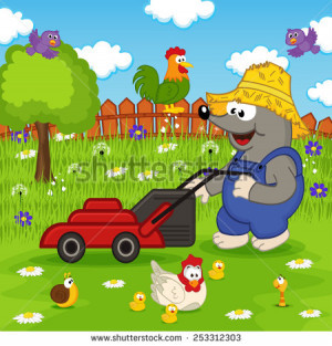 mole cutting grass lawn mower- vector illustration, eps - stock vector