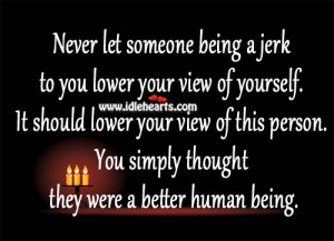 Never let someone being a jerk to you lower your view of yourself. It ...